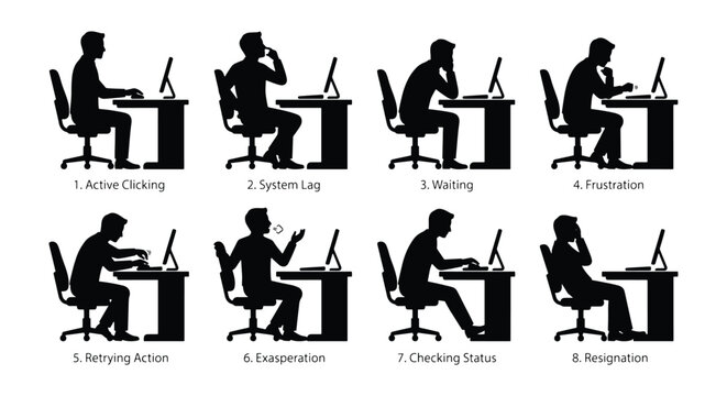 Frustrated office worker silhouette set, 8 icons of man at computer desk experiencing system lag and stress, business technology burnout vector