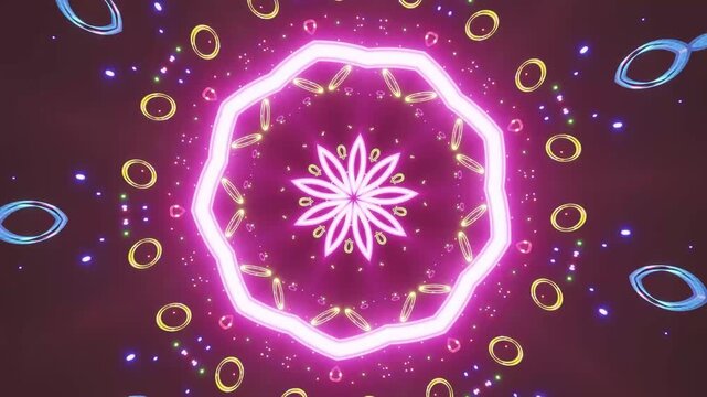 Vibrant pink and white neon mandala with yellow and blue rings on a dark background, surrounded by small dots and lines, creating a mesmerizing pattern.