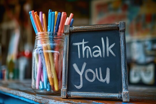 small rustic chalkboard with thank you message beside a glass jar of colorful pens on a wooden counter, cozy warm thankful mood