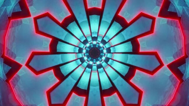 Vibrant abstract design with radial teal and red geometric shapes on a dark background with a futuristic feel.