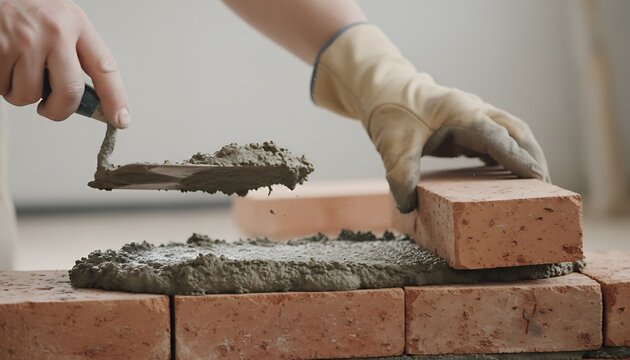 Builders gloved hands meticulously spread fresh mortar for a new brick wall