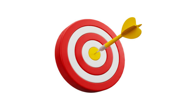 3d illustration of a yellow dart hitting the center of a red and white target isolated on transparent background