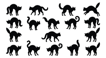 Black cat silhouette collection, 18 spooky feline vector elements, arched back and hissing cat icons, Halloween animal silhouettes for graphic design © Zubair