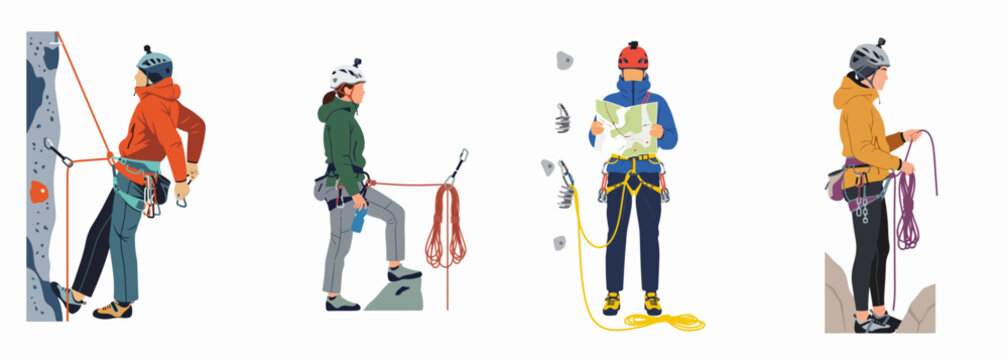 Collection of professional climbers and mountaineers in various poses with climbing gear, ropes, and maps, flat vector illustration isolated on white background