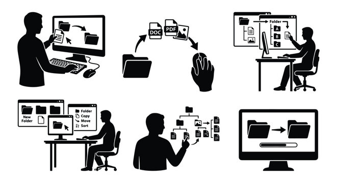 Black silhouette computer user icons, digital file management and data organization set, office worker managing folders and documents on screen