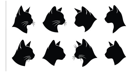 Black cat head silhouettes set, 8 minimalist feline profile icons, elegant kitten side view vector illustrations for pet branding and logo design © Zubair