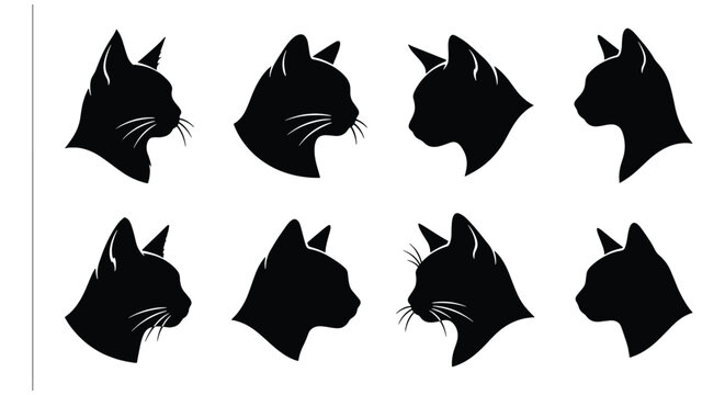 Black cat head silhouettes set, 8 minimalist feline profile icons, elegant kitten side view vector illustrations for pet branding and logo design