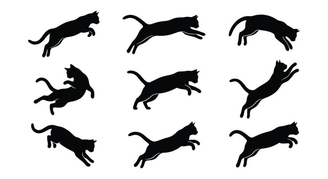 Black cat silhouette collection, 9 jumping cat vector elements, feline motion and pouncing poses, isolated domestic pet animal silhouettes