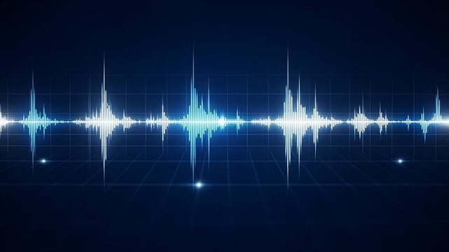 audio waveform visualization neon blue spikes on dark background