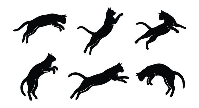 Black cat jumping silhouettes collection, set of 6 feline action poses, domestic cat leaping and pouncing vector icons, minimalist animal shadow shapes