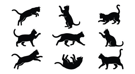 Black cat silhouette collection, 9 vector cat icons in various poses, feline pet silhouettes jumping and sitting, minimalist animal graphics © Zubair