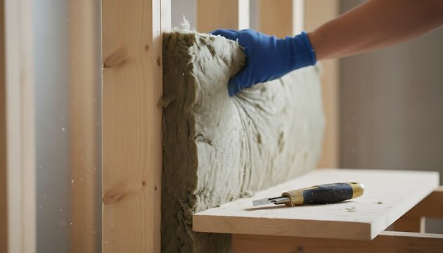 Hand in blue glove placing a thick green insulation batt between wooden wall studs