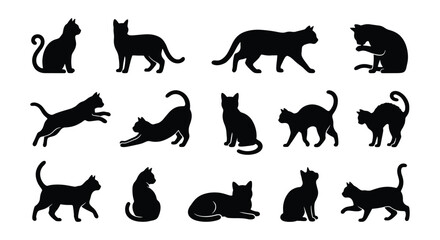 Black cat silhouettes collection, 14 feline vector icons in various poses, domestic cat profile shapes, pet animal silhouettes for logo design © Zubair