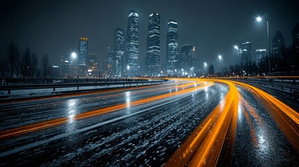 Obraz premium Night cityscape with glowing motion blur light trails on wet asphalt road leading to modern skyscraper skyline under dark moody atmospheric evening sky