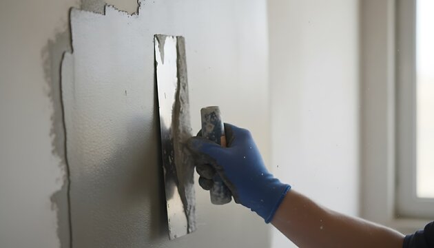 Hands in blue gloves applying plaster to a wall with a metal trowel during construction