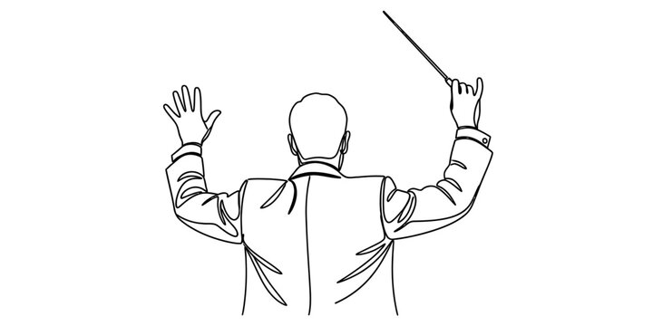 A black and white line drawing of a music conductor leading an orchestra with a small baton