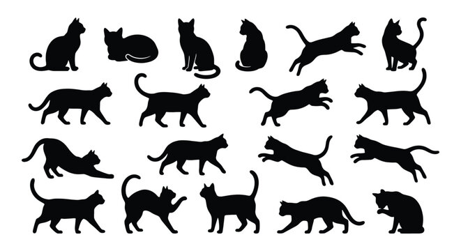 Black cat silhouette collection, 18 feline vector icons in various poses, domestic cat shapes for logo design and pet branding, isolated animal silhouettes