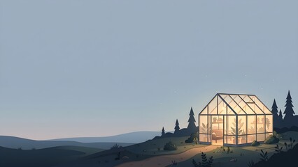Fototapeta premium Cozy Greenhouse at Twilight in a Peaceful Rural Landscape