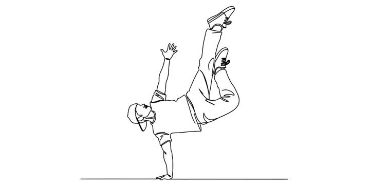A continuous line drawing depicting a young breakdancer performing a stylish one handed freeze pose