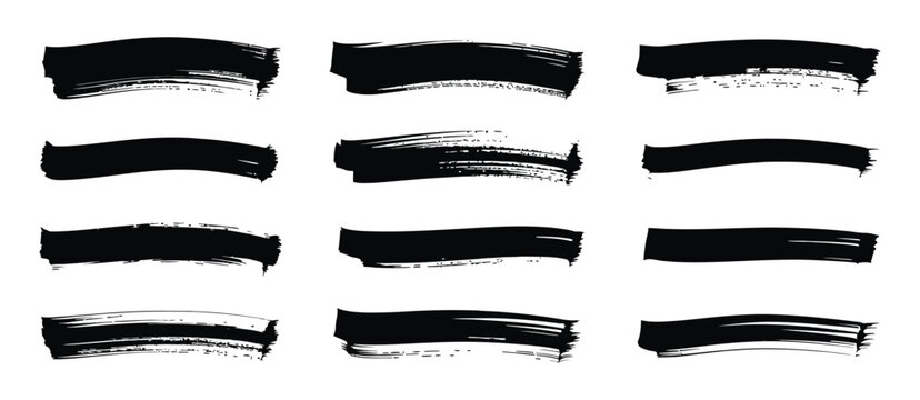 Abstract grunge texture banner collection, black brush strokes, redacted text bars, ink divider lines, vector label set, rough artistic elements for branding, posters, and digital design layouts.