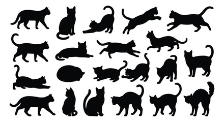 Black cat silhouettes set, collection of 20 feline vector icons in various poses, domestic cat shapes for pet branding and animal graphic design © Zubair