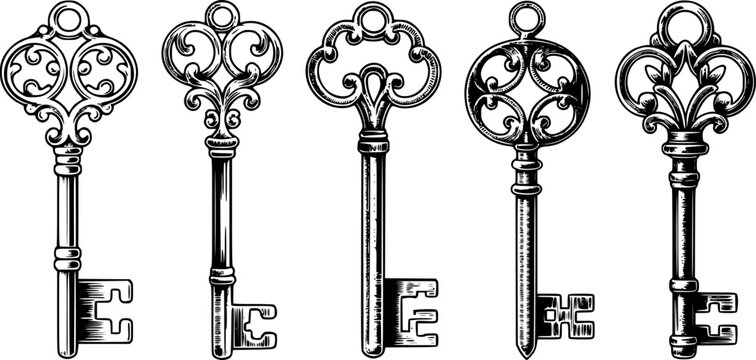 Ornate antique skeleton keys collection, vintage engraved white background