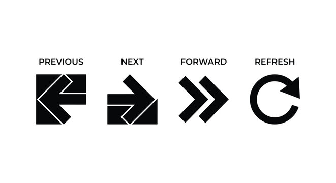 Minimalist navigation arrow icon set, black web interface symbols for previous next forward and refresh, modern vector UI elements for apps