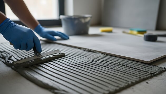 Person in blue gloves spreading adhesive mortar with a notched trowel for floor tiles