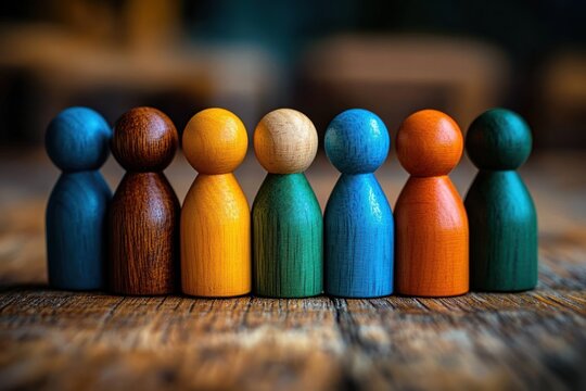 Seven colorful wooden peg dolls standing in a row on a textured wooden table, warm lighting and shallow focus conveying togetherness and playful unity
