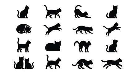 Black cat silhouette icons set, collection of 16 feline vector shapes in various poses, minimalist pet animal silhouettes for logo design and web graphics © Zubair