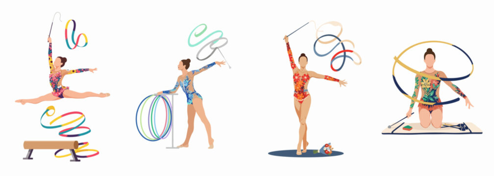 Set of vector illustrations featuring rhythmic gymnasts performing with ribbons and hoops in various artistic poses on a white background.