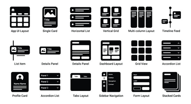 Minimalist UI wireframe icons, set of 18 black solid user interface layout elements, mobile app and web dashboard wireframing components