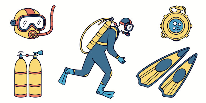 Colorful scuba diving icons set with diver and underwater equipment underwater recreation adventure nautical illustration collection isolated activity exploration training