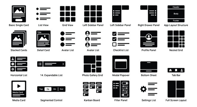 UI UX Wireframe Components Set, 25 Interface Layout Elements, Black Solid Web Design Icons, Mobile App Prototyping Kit, Dashboard Navigation Symbols