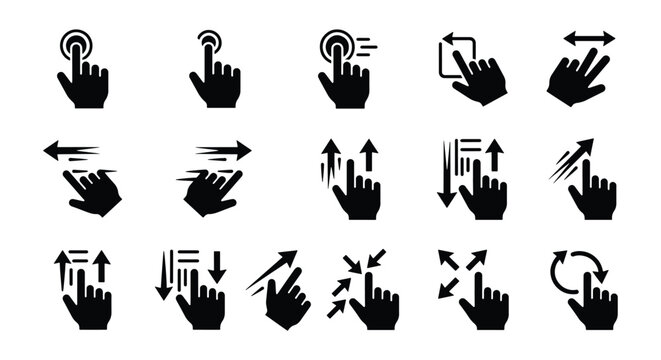 Touch screen gestures icon set, 15 black hand gesture vectors for mobile interface, finger swipe and tap navigation symbols for app design