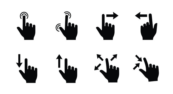 Touch screen gesture icons, black hand silhouette set of 8 vector elements, mobile app navigation symbols, interactive display finger movements