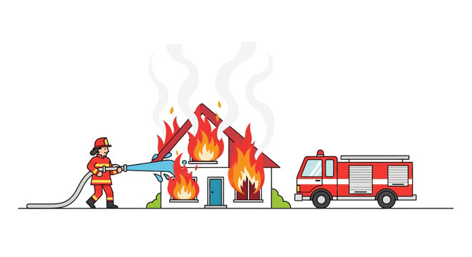 Brave firefighter actively working to extinguish a dangerous house fire with a powerful water hose, as an emergency fire truck provides support during this critical incident