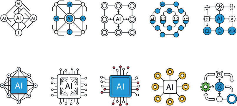 Artificial intelligence icons set with neural network chip data processing and machine learning technology symbols modern flat illustration
