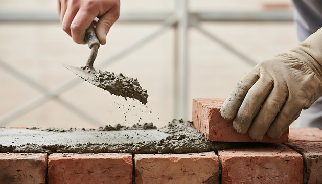 Skilled bricklayer in gloves applying fresh mortar with a trowel onto bricks during construction