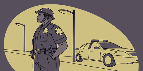 Police officer standing guard on a street with patrol car in background authority enforcement security policing character illustration minimalist standing personnel equipment official © Hf