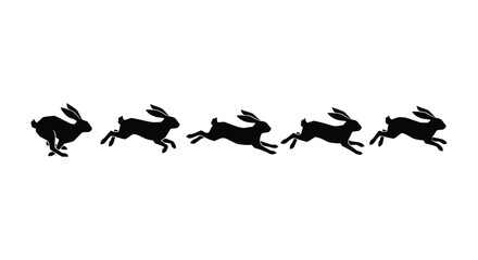 Running rabbit silhouette sequence, black hare jumping animation frames, wild animal motion cycle vector, set of 5 hopping bunny icons © Suman