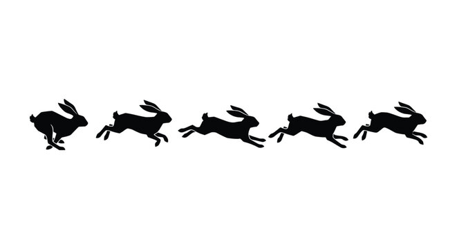 Running rabbit silhouette sequence, black hare jumping animation frames, wild animal motion cycle vector, set of 5 hopping bunny icons