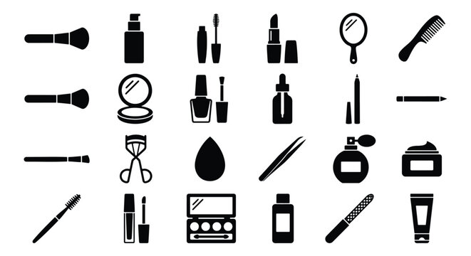Cosmetic icons set, 24 black makeup vector elements, beauty products and skincare tools collection, minimalist vanity and grooming symbols
