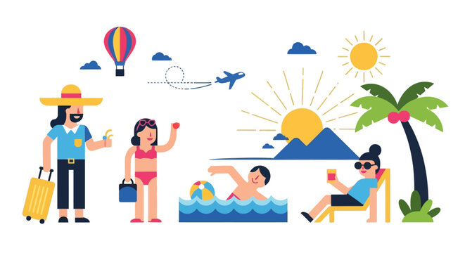 Illustration depicting a vibrant summer vacation scene with people enjoying various activities like swimming, sunbathing, and traveling