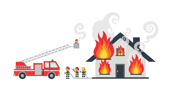 Firefighters battling a house fire with a ladder truck and hoses, demonstrating emergency response and fire safety efforts