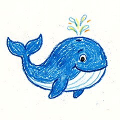 Fototapeta premium Whale Crayon Drawing of a Happy Blue Sea Mammal Spouting Water Ideal for Childrens Learning