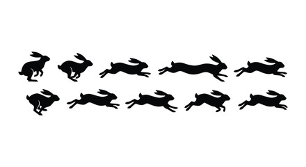 Running hare silhouettes in motion sequence, black rabbit jumping and leaping vector set, wild animal animation frames on white background © Suman