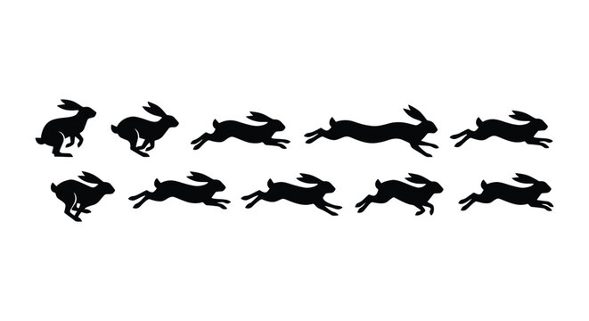 Running hare silhouettes in motion sequence, black rabbit jumping and leaping vector set, wild animal animation frames on white background