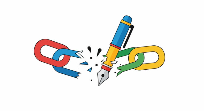 Broken link concept with a pen nib in the center symbolizing a broken connection, writing, and the concept of broken links in technology and communication