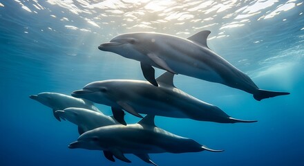 Fototapeta premium A pod of dolphins swimming gracefully together in the deep blue ocean, illuminated by sunlight filtering through the water surface from above